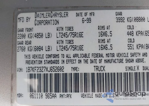 1999 Dodge Ram 2500 St from USA, damaged, VIN 1B7KF23Z7XJ652602